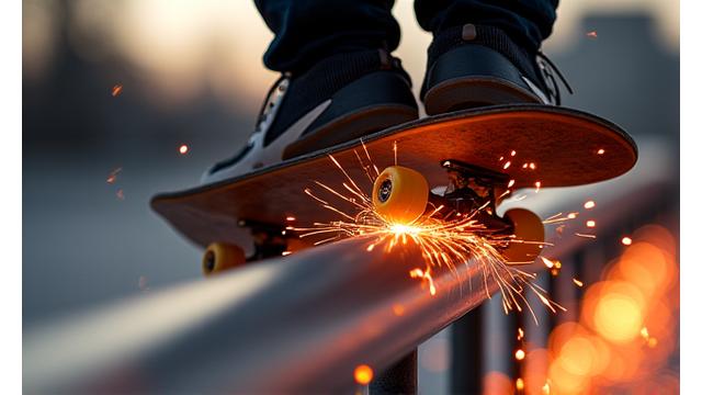 Skateboarder grinding a rail on both trucks, sparks flying